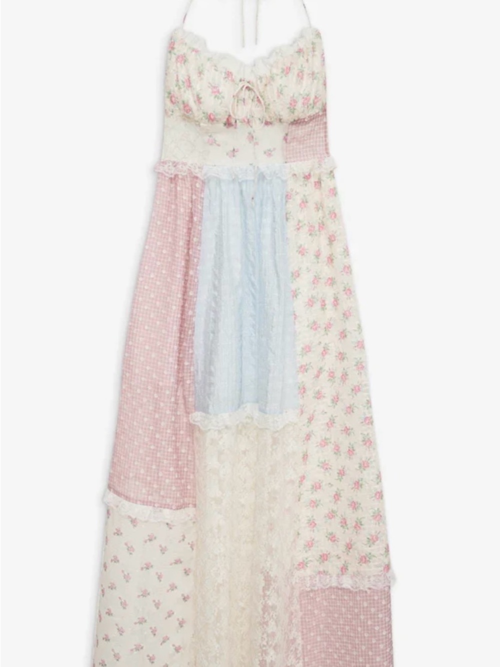 For Love & Lemons Elula Patchwork Floral Halter Maxi Dress - Pink, Cream & Blue